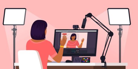 Illustration for Professional youtuber and influencer livestreaming on social media, she is waving at the camera - Royalty Free Image