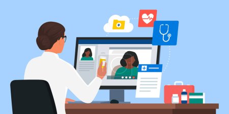 Ilustración de Médico en línea hablando con un paciente en una videollamada, que está dando una consulta y medicina de prescripción, concepto de telemedicina - Imagen libre de derechos