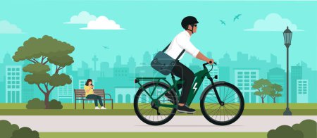 Ilustración de Hombre montando una bicicleta eléctrica ecológica en la calle de la ciudad, concepto de movilidad sostenible - Imagen libre de derechos