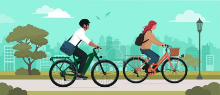 Illustration for Couple riding bicycles at the city park, sport and leisure concept - Royalty Free Image