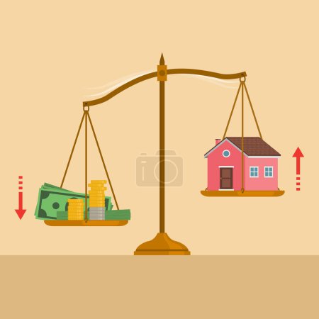 Téléchargez les illustrations : Échelle de poids avec beaucoup d'argent sur une assiette et une maison dans l'autre assiette : les effets de l'inflation sur les investissements immobiliers - en licence libre de droit