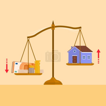 Ilustración de Escala de peso con mucho dinero en un plato y una casa en el otro plato: los efectos de la inflación en las inversiones inmobiliarias - Imagen libre de derechos