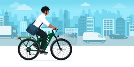 Illustration for Man riding an eco-friendly electric bike in the city street, sustainable mobility concept - Royalty Free Image