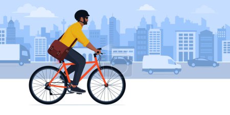 Illustration for Man riding a bicycle in the city street, sustainable mobility concept, blank copy space - Royalty Free Image