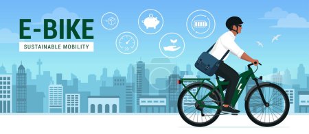 Ilustración de Hombre montando una bicicleta eléctrica ecológica en la calle de la ciudad, concepto de movilidad sostenible - Imagen libre de derechos