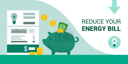 Illustration for Save money on your electricity bill, piggy bank and utility bill - Royalty Free Image