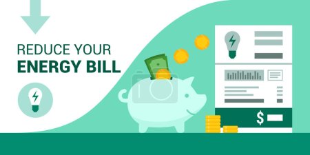 Illustration for Save money on your electricity bill, piggy bank and utility bill - Royalty Free Image