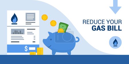 Illustration for Save money on your gas bill, piggy bank and utility bill, banner with copy space - Royalty Free Image