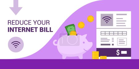 Illustration for Save money on your internet bill, piggy bank and utility bill, banner with copy space - Royalty Free Image