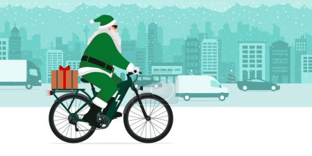 Téléchargez les illustrations : Père Noël contemporain respectueux de l'environnement en vélo électrique et porteur d'un cadeau de Noël, concept de mobilité durable - en licence libre de droit