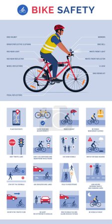 Ilustración de Equipo de seguridad para bicicletas y consejos de seguridad ciclista, infografía con iconos y espacio para copiar - Imagen libre de derechos