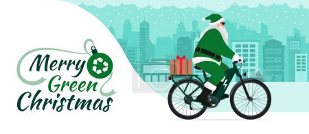 Illustration for Contemporary eco-friendly Santa Claus riding an e-bike and carrying a Christmas gift, sustainable mobility concept - Royalty Free Image