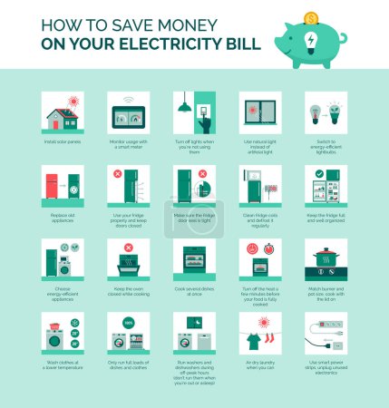 Téléchargez les illustrations : Comment économiser de l'argent sur votre facture d'électricité, économiser de l'énergie et réduire les coûts des services publics - en licence libre de droit