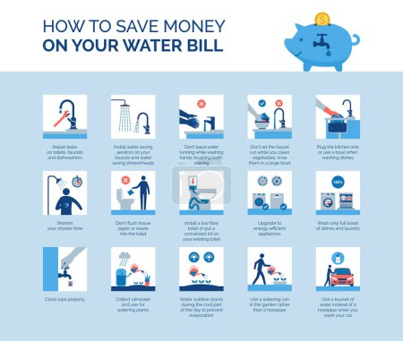 Téléchargez les illustrations : Comment économiser de l'argent sur votre facture d'eau, réduire les coûts des services publics et rendre votre maison plus écologique - en licence libre de droit