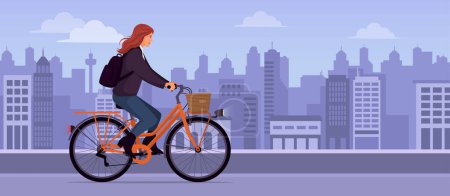 Téléchargez les illustrations : Femme à la mode en vélo dans la rue de la ville, concept de transport et de style de vie - en licence libre de droit