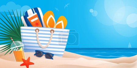 Illustration for Beach bag with beach accessories on the sand and beautiful seascape panorama in the background, copy space - Royalty Free Image