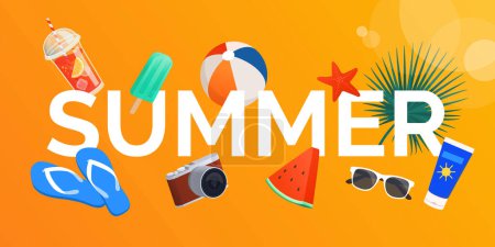 Ilustración de Texto de verano rodeado de coloridos accesorios de playa, comida, bebida y hoja de palma: vacaciones y concepto de viaje - Imagen libre de derechos