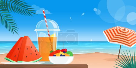 Téléchargez les illustrations : Fruits et boissons frais et sains sur une table à la plage : vacances d'été et mode de vie sain concept - en licence libre de droit