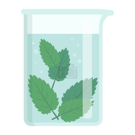 Téléchargez les illustrations : Bécher avec feuilles de plantes dans une solution isolée, concept de chimie et phytothérapie - en licence libre de droit