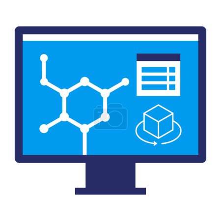 Ilustración de Software informático para el icono de la investigación científica, molécula en la pantalla del ordenador - Imagen libre de derechos