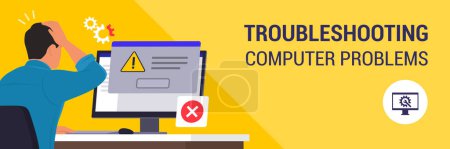Illustration for Man sitting at desk and using a computer, he receives an error message notification on a dialog box window - Royalty Free Image