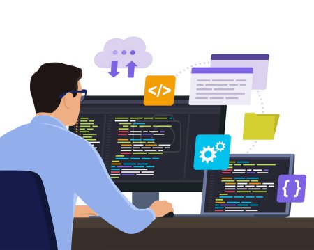 Téléchargez les illustrations : Développeur de logiciels assis au bureau et travaillant avec des ordinateurs, il vérifie le code - en licence libre de droit