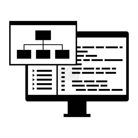 Téléchargez les illustrations : Développement et programmation de logiciels, ordinateur avec cadre de code et logiciel, icône isolée - en licence libre de droit