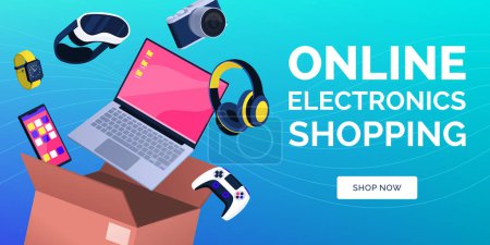 Illustration for Online electronics shopping and delivery banner with devices and delivery box - Royalty Free Image