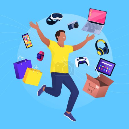 Illustration for Happy man catching electronic devices on sale: online shopping and technology concept - Royalty Free Image