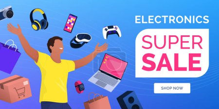 Illustration for Happy man catching electronic devices on sale: online electronics sale banner - Royalty Free Image