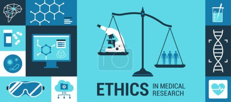 Téléchargez les illustrations : Éthique de la recherche médicale et des soins de santé : échelle de poids avec microscope d'un côté et personnes de l'autre - en licence libre de droit