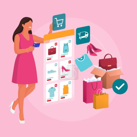 Illustration for Happy stylish woman doing online shopping on a virtual interface application, she is paying with a credit card - Royalty Free Image
