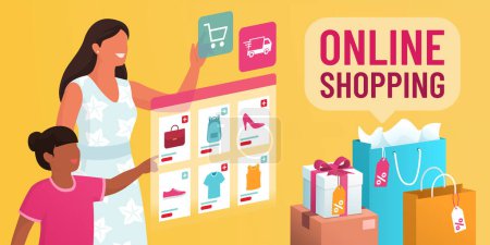 Illustration for Mother and daughter doing online shopping and ordering clothes on a virtual interface, banner with copy space - Royalty Free Image