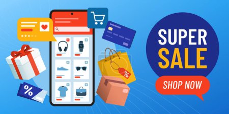 Illustration for Online shopping app on smartphone and shopping items, promotion banner with copy space - Royalty Free Image