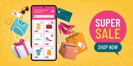 Illustration for Online shopping app on smartphone and shopping items, promotion banner with copy space - Royalty Free Image