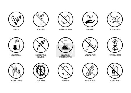 Ilustración de Conjunto de iconos de alimentación y nutrición saludables, etiquetado e información sobre alimentos - Imagen libre de derechos