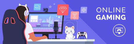 Illustration for Professional cute gamer girl playing video games online: video games live streaming platform concept - Royalty Free Image