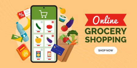 Illustration for Online grocery shopping app: grocery order on smartphone, banner with copy space - Royalty Free Image