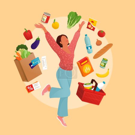 Illustration for Happy woman doing grocery shopping, she is surrounded by groceries and shopping items - Royalty Free Image