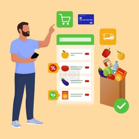 Illustration for Happy man interacting with a virtual interface and ordering products, online grocery shopping concept - Royalty Free Image