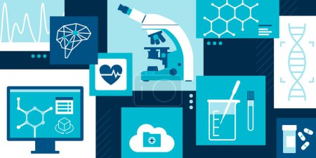 Gesundheitswesen, medizinische Forschung, Technologie und Innovationshintergrund mit Symbolen