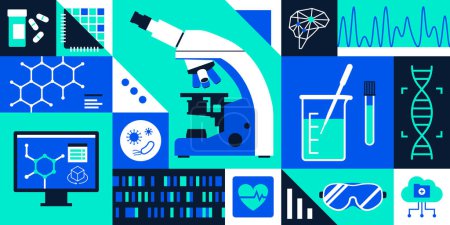 Ilustración de Asistencia sanitaria, investigación médica, tecnología e innovación con iconos - Imagen libre de derechos
