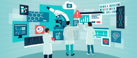 Illustration for Scientific researchers working in a VR lab, they are interacting with virtual screens and interfaces - Royalty Free Image