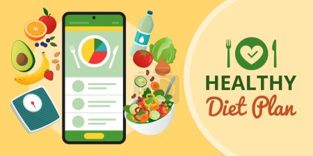 Illustration for Diet plan app on smartphone, weight scale and healthy food, banner with copy space - Royalty Free Image