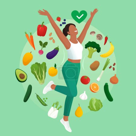 Happy fit woman smiling with arms raised, she is surrounded by many vegetables and fruits: healthy diet concept