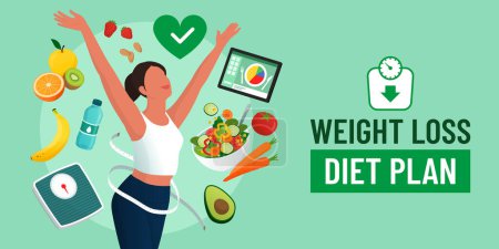 Illustration for Happy healthy woman following a diet plan and losing weight, banner with copy space - Royalty Free Image