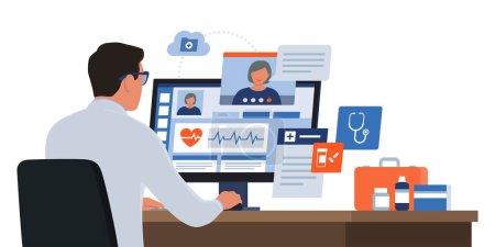 Illustration for Online doctor talking with a patient on a video call, he is giving a consultation and prescription medicine, telemedicine concept - Royalty Free Image