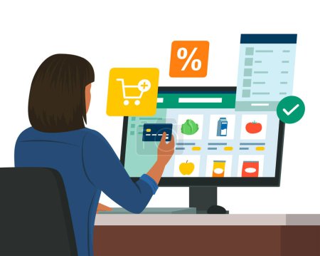 Illustration for Woman connecting with her computer and doing grocery shopping online, she is paying with a credit card - Royalty Free Image