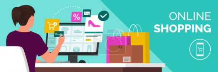 Illustration for Woman doing online shopping, she is purchasing products and paying with a credit card - Royalty Free Image
