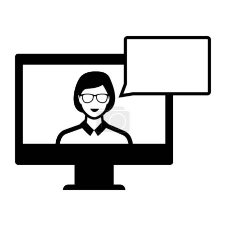 Téléchargez les illustrations : Femme parlant sur l'icône de l'écran d'ordinateur, e-learning et concept d'assistance - en licence libre de droit